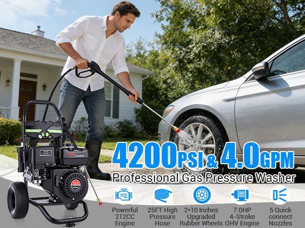 Gas Powered Pressure Washer 4200 PSI Gas Power Washer 4.0 GPM 212CC Commercial High Pressure Washer, with Spray Gun and Extension Wand, 5 Quick Connect Nozzles, Copper Pump,EPA/CARB/ETL