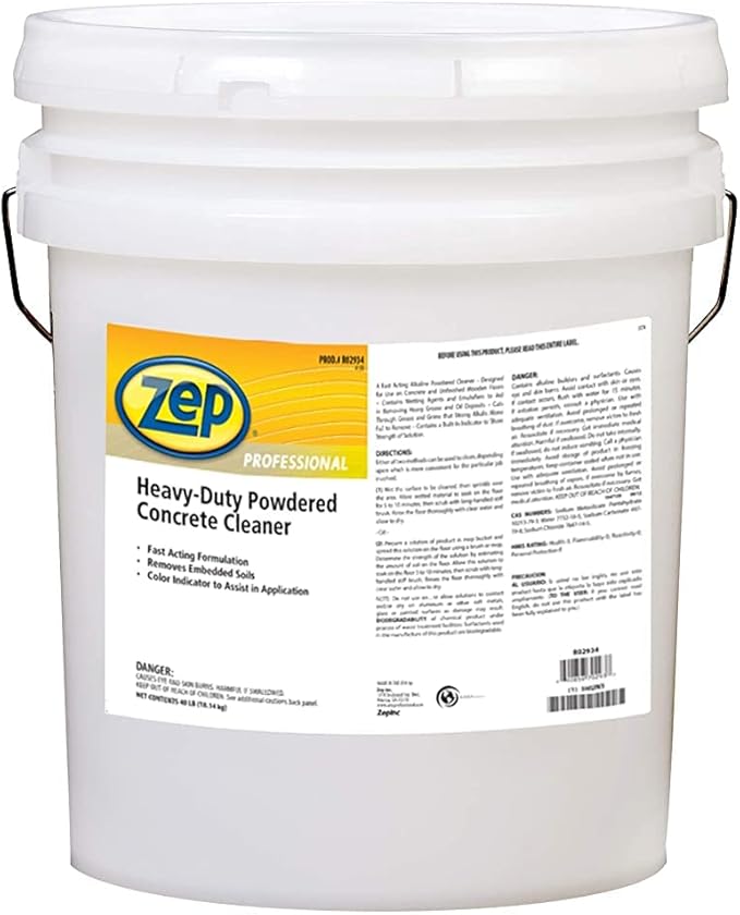 Zep Professional Heavy-Duty Powdered Concrete Cleaner, 40Lb. Bucket, Biodegradable, Dissolves Quickly and Removes Tough, Embedded Soils (R02934), Orange