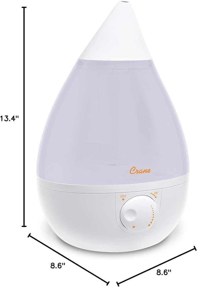 Crane White Drop Ultrasonic Cool Mist Teardrop Humidifier, 1 Gallon Tank, Baby Humidifier for Nursery, Bedroom, Plants, Office, Adjustable Mist Levels
