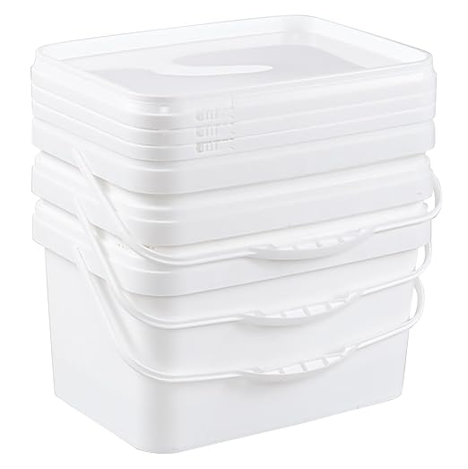 4 Pcs 3 Gallon Food Grade Bucket with Lid, Rectangular Bucket Pail with Plastic Handles for Storing Dry Food, Charcoal, Camping, Fishing (White)