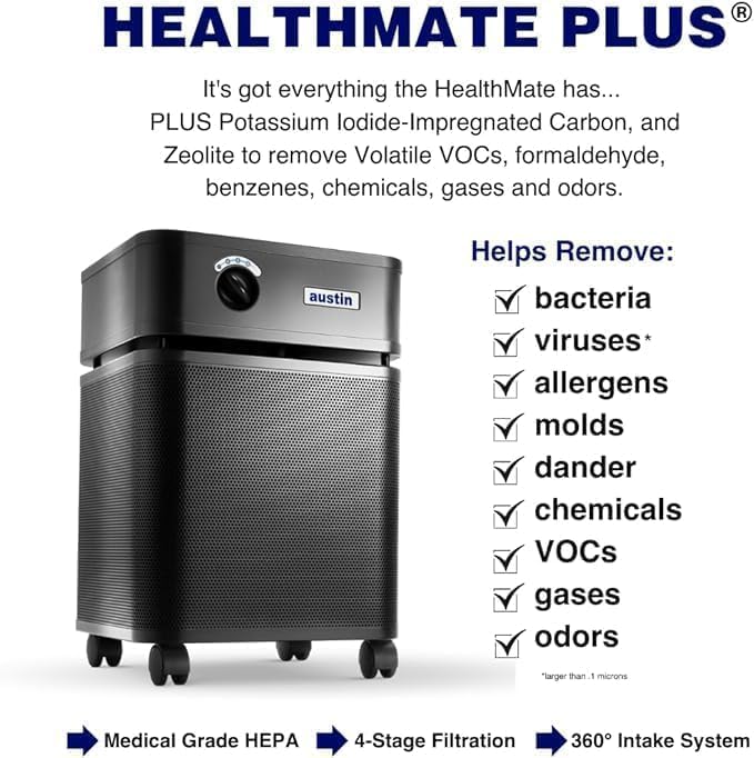 Austin Air HealthMate Plus Air Purifier, Black - Advanced 4-Stage Filtration Air Purifiers For Home with Activated Carbon & Zeolite - Ideal as Air Purifiers for Bedroom or any Large room, Model B450