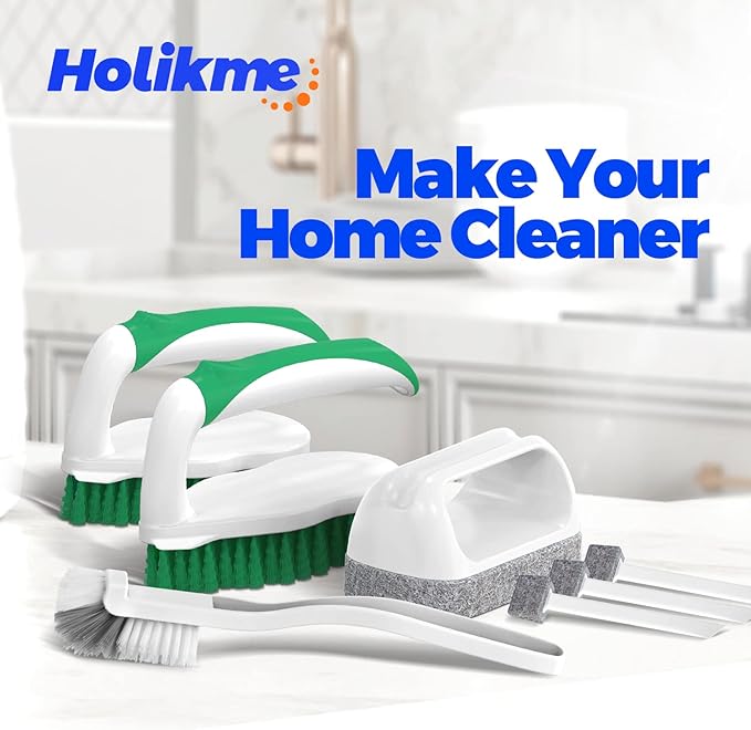 Holikme 7 Pack Deep Cleaning Brush Set, Scrub Pads with Scraper Tip for Pool Walls, Bathroom, Grout, Floor, Tub, Shower and Kitchen Surface (Green)