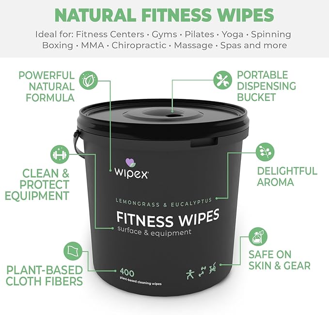 Wipex Fitness Wipes for Equipment Bundle - Get 2 Buckets (1) Lemongrass & (1) Lavender Plant-Based Gym Equipment Wipes, Clean Surfaces & Mats, Safe Gym Cleaner & Peloton Bike, 400 Count (Pack of 2)
