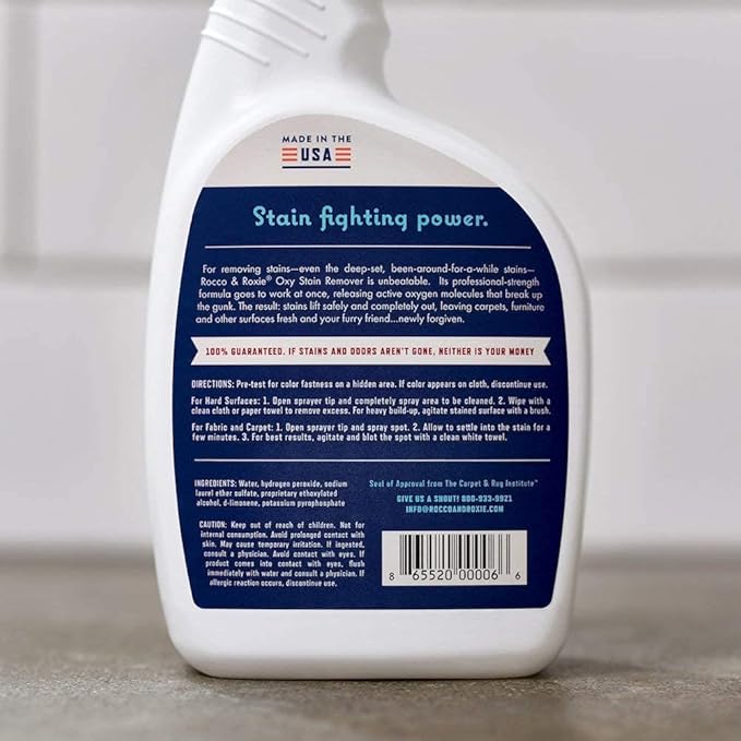 Rocco & Roxie Oxy Stain Remover - Oxygen Powered Carpet Cleaner Spray - Pet Stain Remover for Carpet, Spot Cleaner for Upholstery, Couch, Laundry, Rug, Clothes, Car Seat, Mattress, Sofa, and More