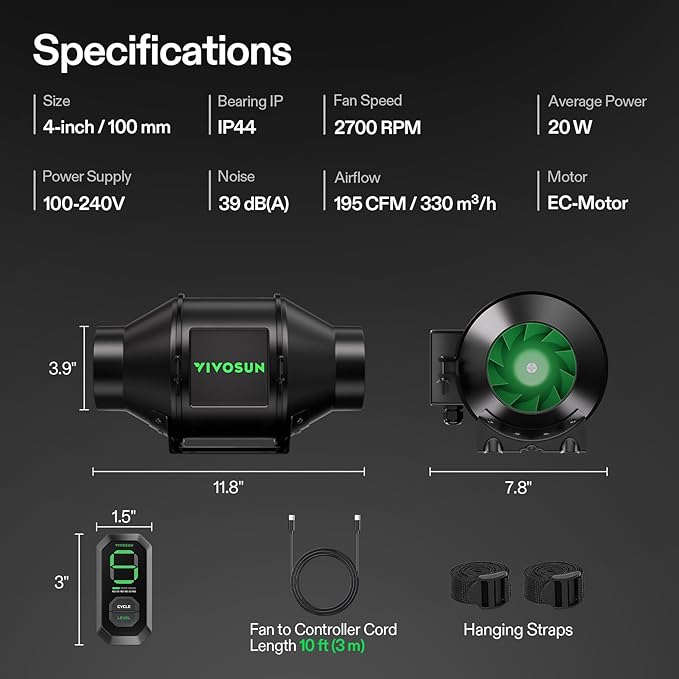 VIVOSUN G4 4" Inline Duct Fan & 3 Cycle Modes E12 Speed Controller, AeroZesh Grow Tent Kit Ventilation Fan with 195 CFM EC Motor, Programmable Exhaust Fan for Heating Cooling Booster, Hydroponics