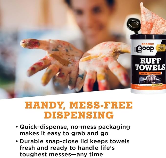 GOOP Orange Heavy Duty Ruff Towels with Scrubbing Power, 10โ x 12โ Dual Textured Multi-Purpose Cleaning Wipes, Removes Dirt, Grease, Oil, 72 Count