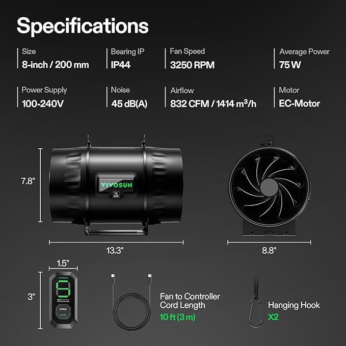 VIVOSUN T8 8" Inline Duct Fan & 3 Cycle Modes E12 Speed Controller, AeroZesh Grow Tent Kit Ventilation Fan with 832 CFM EC Motor, Programmable Exhaust Fan for Heating Cooling Booster, Hydroponics