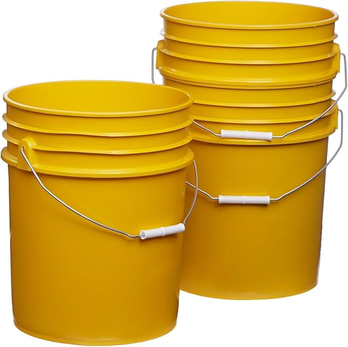 5 Gallon Food Grade Plastic Bucket, Open Head Pail with Handle, 12-3/8 in Diameter x 14-3/4 in Height (Yellow, 2 Pack)