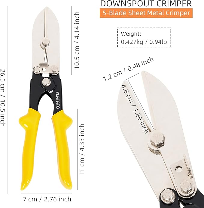 5 Blades Sheet Metal Tools HVAC Tool Duct Crimping Tool Gutter Crimper for 24-28 Gauge Stainless Steel, Crimper for Downspout, Stove Pipe, Ductwork and Venting Work