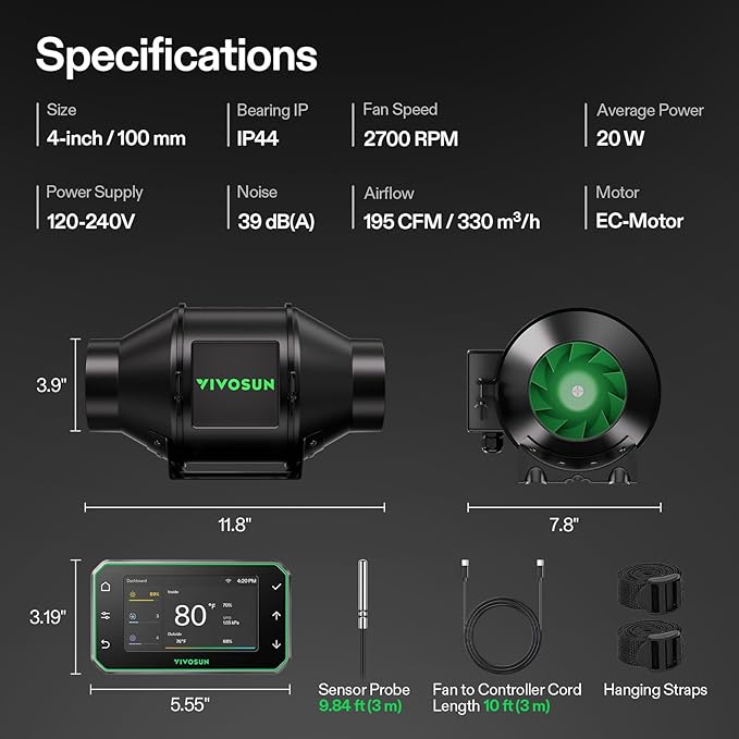 VIVOSUN G4 4" Inline Duct Fan & Temperature Humidity Controller, E42A+ WiFi-App Control AeroZesh Grow Tent Fan& Smart Thermostat, 195 CFM EC Motor Exhaust Fan for Heating Cooling, Greenhouse Accessory