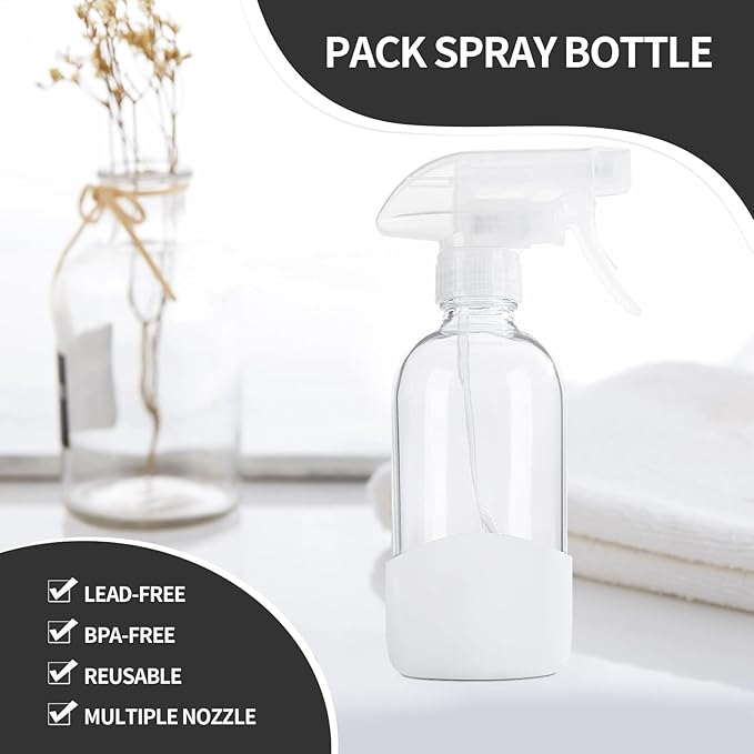 HOMBYS 8 Oz Empty Clear Glass Spray Bottles with Silicone Sleeve Protection Refillable Containers for Cleaning Solutions, Essential Oils, Misting Plants - Quality Sprayer - 1 Pack Boston Bottles