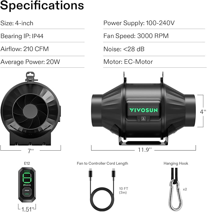 VIVOSUN T4 4" Inline Fan &Speed Controller, AeroZesh Ventilation Fan with 210 CFM EC Motor for Moisture Prevention during Snowstorm, Ideal for Winter Ventilation, Maintain Airflow During Snowy Day