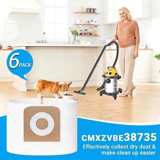 6 Pack 38735 Fine Dust Bags Compatible with Craftsman 12 Gallon Wet/Dry Shop Vacuums, Part# CMXZVBE38735