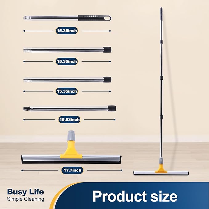 Yocada Rubber Floor Squeegee 17.7" TPR Blade Scrubber Broom 61.8inch Pole Household Broom for Garage Courtyard Shower Bathroom Floor Marble Glass Tile Water Foam Pet Hair Removal Cleaning