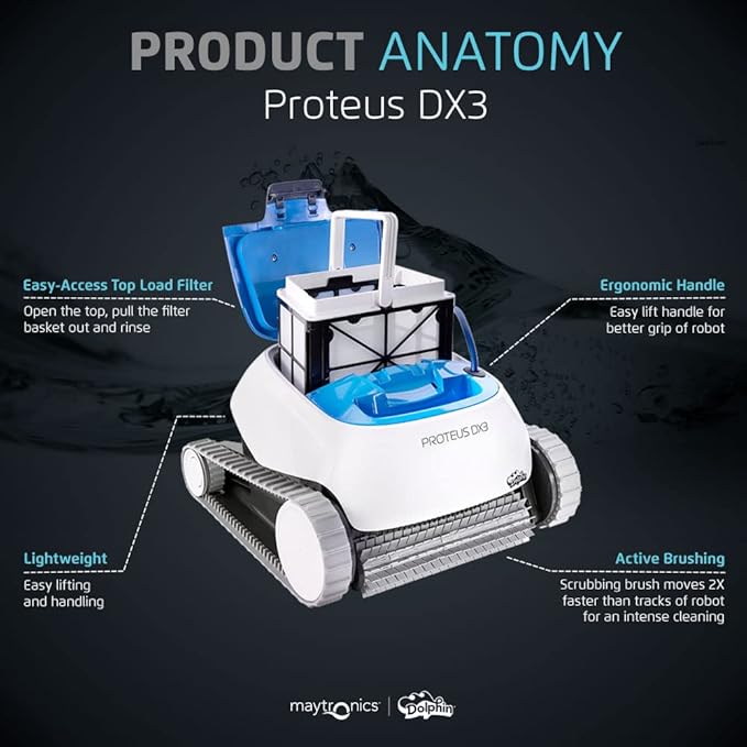 Dolphin Proteus DX3 Automatic Robotic Pool Vacuum Cleaner, Wall Climbing, Active Scrubber Brush, Ideal for In-ground Pools up to 33 FT in Length