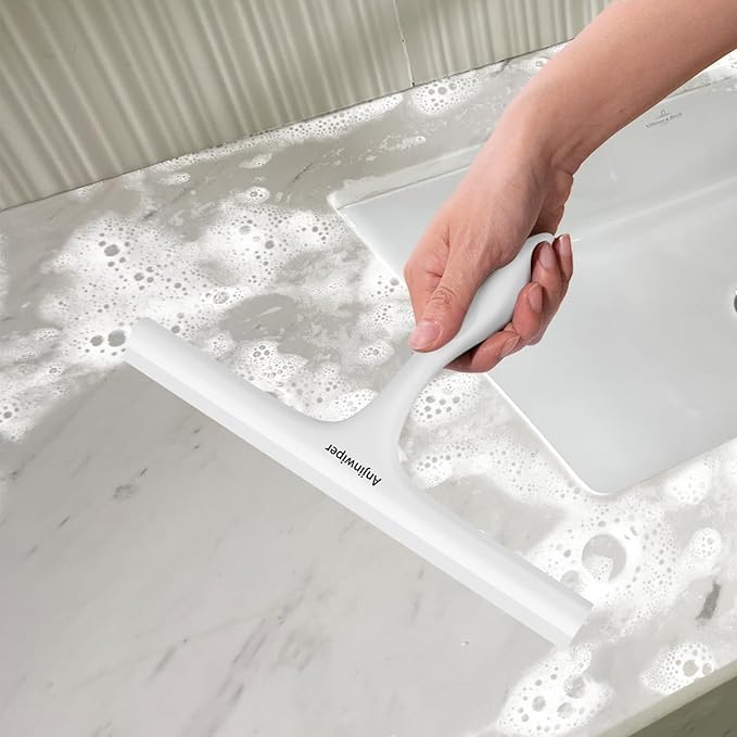 All-Purpose Shower Squeegee for Shower Glass Door with Adhesive Hook, Silicone Squeegee for Shower Doors, Bathroom, Windows, Mirrors, Shower Cleaner Tool Household Squeegee(10 inch-White)