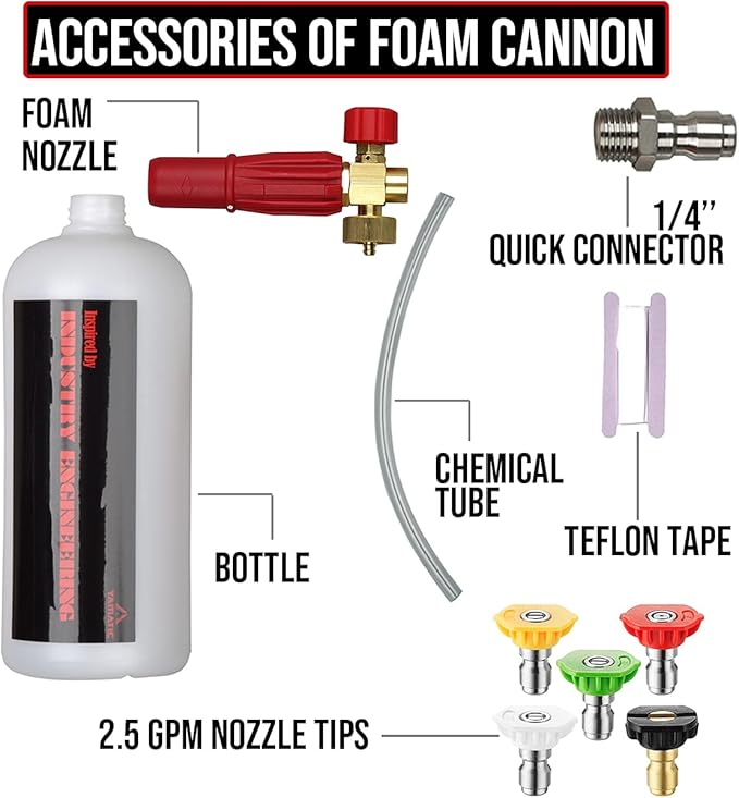 YAMATIC Heavy Duty Foam Cannon Professional Car Wash Pressure Washer Jet Wash 1/4" Quick Connect Adjustable Snow Foam Lance with 5 Nozzle Tips