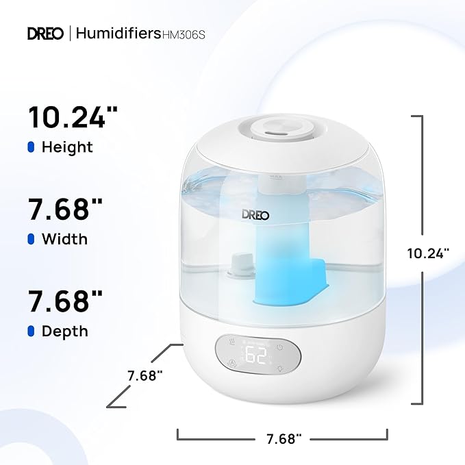 DREO Humidifiers for Bedroom, Cool Mist Ultrasonic Humidifier with 26dB Quiet & RGB Lighting, Top Fill 3L Tank, Easy Clean, 30 Hr Runtime for Home, Baby, Plant, Nursery, Work with Google/Alexa