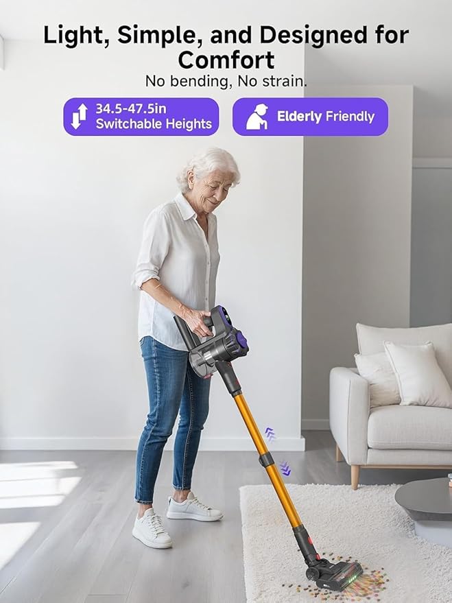 MONSGA Cordless Vacuum Cleaner, 45KPa 400W Stick Vacuum for Home, 50Mins Anti-Tangled Vacuum Cleaner with Charging Dock, Light-weighted Handheld Vacuum for Pet Hair/Carpet/Floor, LED Touch Display,MV3