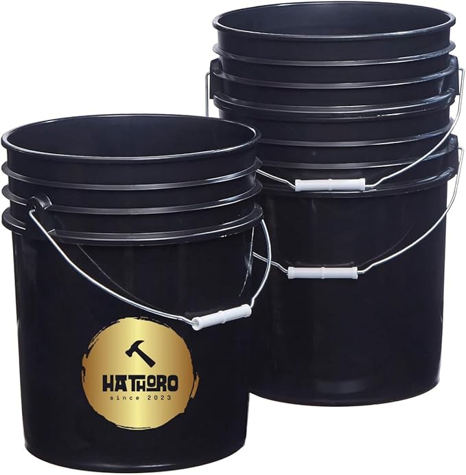 5 Gallon Food Grade Plastic Bucket, Open Head Pail with Handle, 12-3/8 in Diameter x 14-3/4 in Height (Black, 2 Pack)