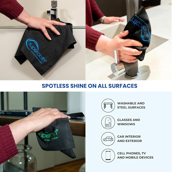Supercloth® Premium Microfiber Cleaning Cloth for All-Purpose, Lasts Over 5 YEARS, Glasses Cleaning Cloth, Microfiber Cleaning Cloth for Cars, Magic Reusable Cloth Streak-Free 100% Made in Italy (6pk)