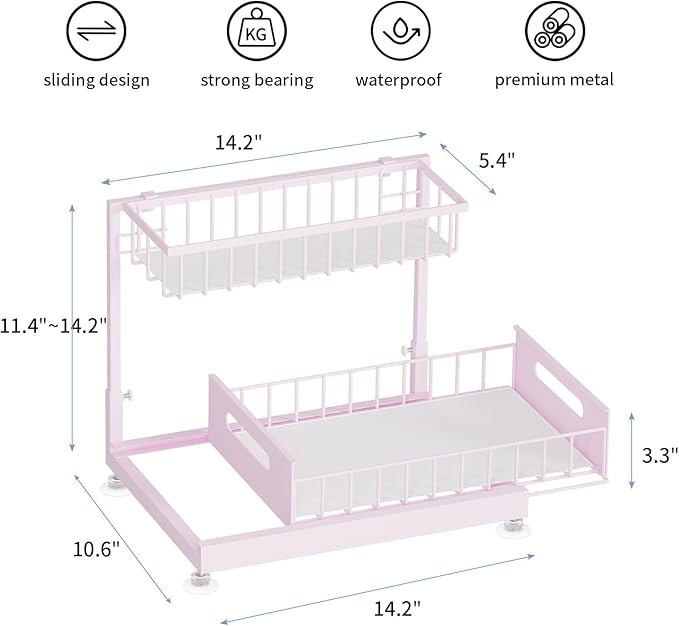 Under Sink Organizer Storage 2-Tier Premium Metal Pull-Out Kitchen Cabinet Organizer with Sliding Drawer, Height Adjustable, Heavy Duty for Kitchen & Bathroom Organizers 2 Pack Pink