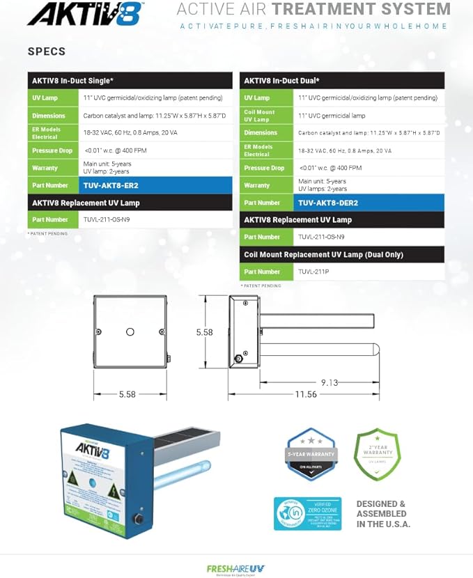 Fresh-Aire UV AKTIV8 In-Duct Active Air Treatment System, Dual 2-Year Lamp