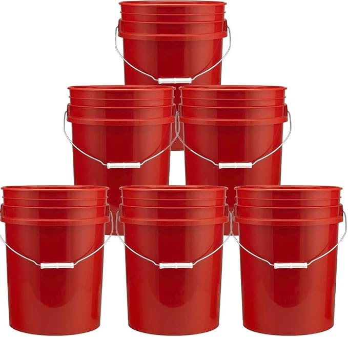 5 Gallon Food Grade Plastic Bucket, Open Head Pail with Handle, 12-3/8 in Diameter x 14-3/4 in Height (Red, 2 Pack)