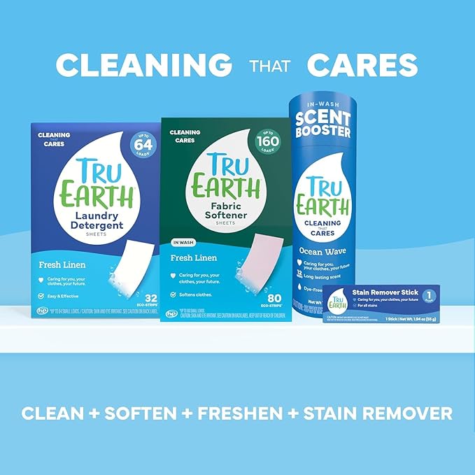 Tru Earth Compact Dry Laundry Detergent Sheets - Up to 64 Loads (32 Sheets) - Paraben-Free - Original Eco-Strip Liquidless Detergen - Fresh Linen | Packaging May Vary