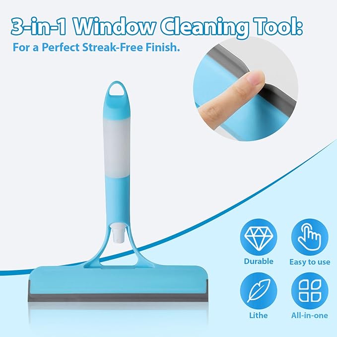 3 in 1 Window Cleaning Scraper Shower Squeegee for Glass Doors Mirror with Sprayer Squiggy for Windshield Cleaner Tool Washing Spray Home Floor Scraper(Blue:Long Style)