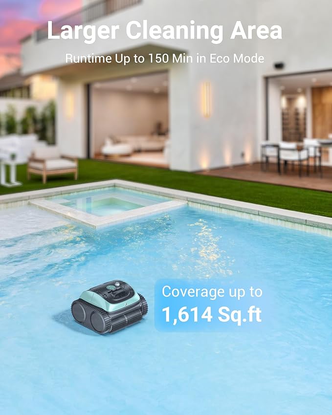 Pool Vacuum for Inground & Above Ground Pools, 4-in-1 Cordless Pool Cleaner, 150 Mins Runtime, APP Control, Triple-Motor & Smart Paths, Wall & Waterline Clean up to 1,614 Sq.ft (Black Green)