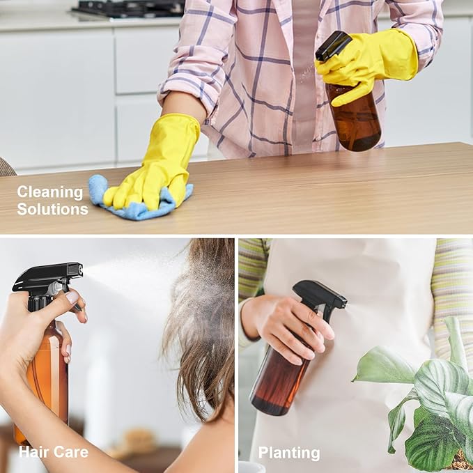 Spray Bottles 2-Pack, 10 Oz, Mist & Stream, Heavy Duty Spraying Empty Water Sprayer Bottle, BPA Free Plastic Refillable Containers for Cleaning Solutions, Plants, Hair, Essential Oils (Amber)