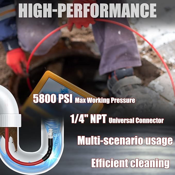 200FT Sewer Jetter Kit for Pressure Washer 5800PSI,1/4" NPT Drain Jetter Hose with 1/4" Quick Plug,3 Sewer Jet Nozzles,Spanners Teflon Tape Gloves and Spray Nozzle for Cleaning