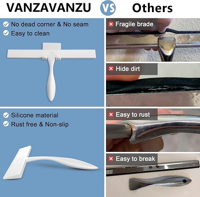 Shower Squeegee for Glass Doors, 11-Inch Silicone Squeegee with Non-Slip Handle and Adhesive Hook for Bathroom, Mirror, Tile, Car Window (White)