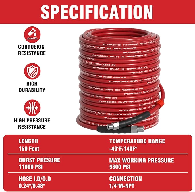 Sewer Jetter Kit 200FT for Pressure Washer, 5800 PSI Drain Cleaner Hose 1/4 Inch NPT with Spray Nozzle, Button Nose and Rotating Sewer Jetting Nozzle, Spanner Teflon Tape Pearl Corsage Pin