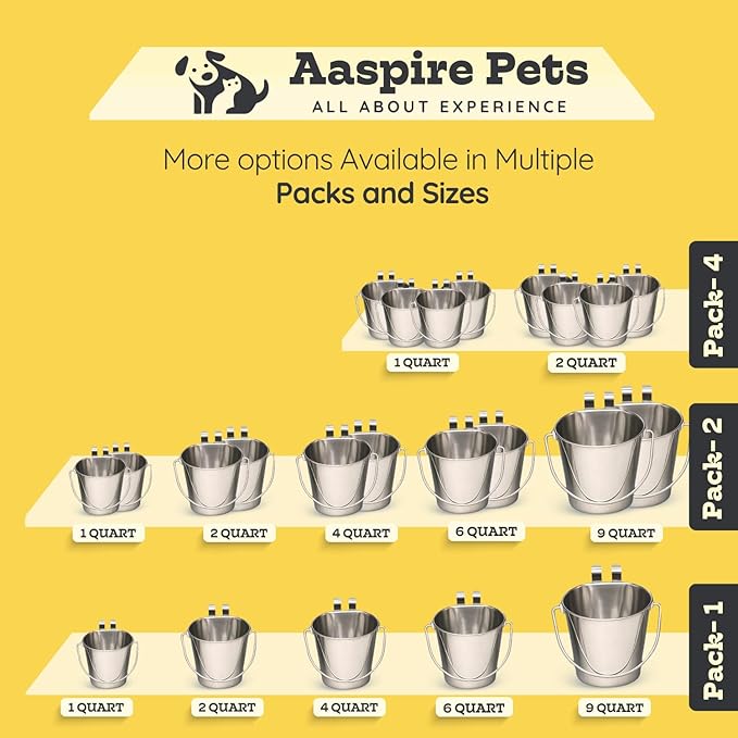 4 Quart Stainless Steel Flat Sided Bucket with Dual Hooks | 2 Pcs Durable Food & Water Bowl for Dogs Cats Goat & Livestock | Fits kennel Cage Critter Crate Hanging Pet Pail | Multipurpose