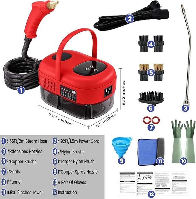 2500W Handheld Steam Cleaner,Portable Car Steamer For Auto Detailing,High-Temperature and Pressure Steam Cleaner For Home, Steam Cleaning Machine for Furniture,Kitchen,Grout,Floor,Tile (5-Red)