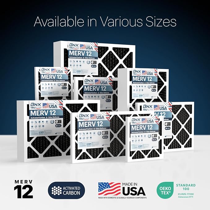 BNX TruFilter 14x25x1 MERV 12 Odor Defense (6-Pack) AC Furnace Air Filter with Activated Carbon - MADE IN USA - Pleated Air Conditioner HVAC AC Furnace Filters - Removes Odor, Mold, Bacteria, Smoke