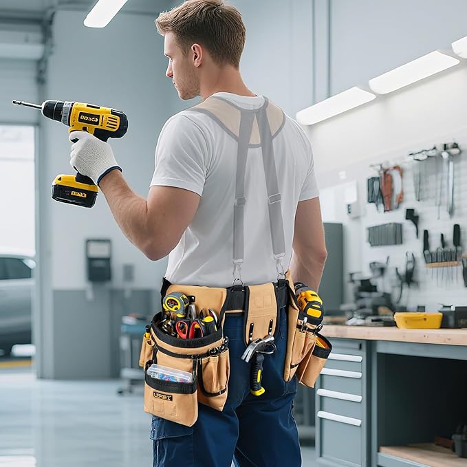Tool Belt,Magnetic Tool Pouch,27-Pockets Heavy Duty Tool Belts for Men with 4 D-Rings,Detachable Tool Pouch Bag for Electrician,Carpenter,Construction,Utility Belt,Valentines Day Gifts for Men,Brown