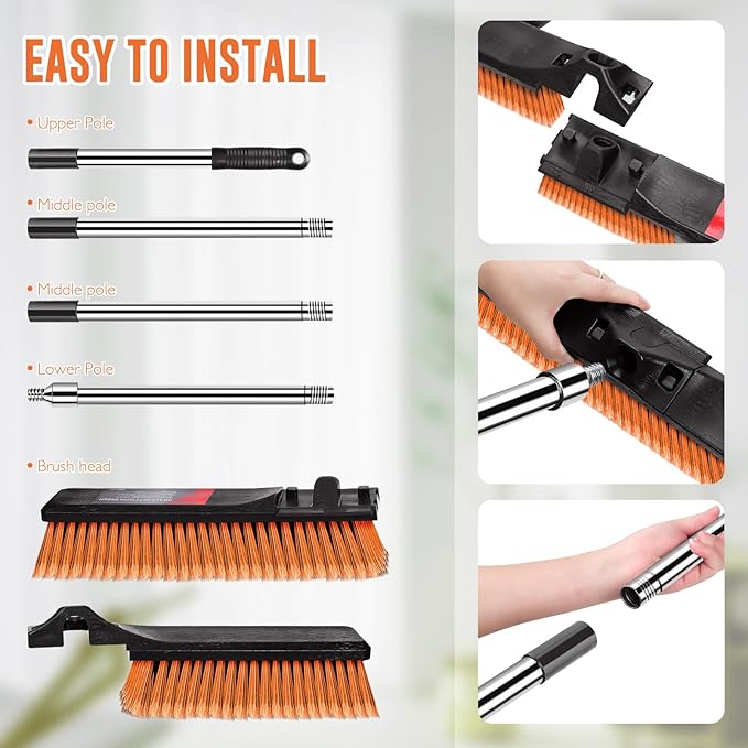 24" Push Broom, Heavy Duty Outdoor Commercial Broom for Cleaning with 55" Long Handle and Stiff Bristles, for Driveway Garage Yard Patio Warehouse Concrete Floor Cleaning,Orange