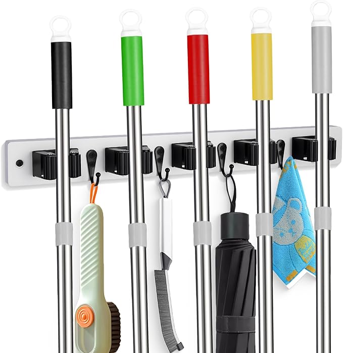 Broom Holder Wall Mount With 5 Slots & 4 Hooks,Rustic Wood Broom & Mop Hanger,Wall Mounted Garden & Garage Tool Storage Organizer Rack for Closet Laundry Room or Kitchen Wall Decor White