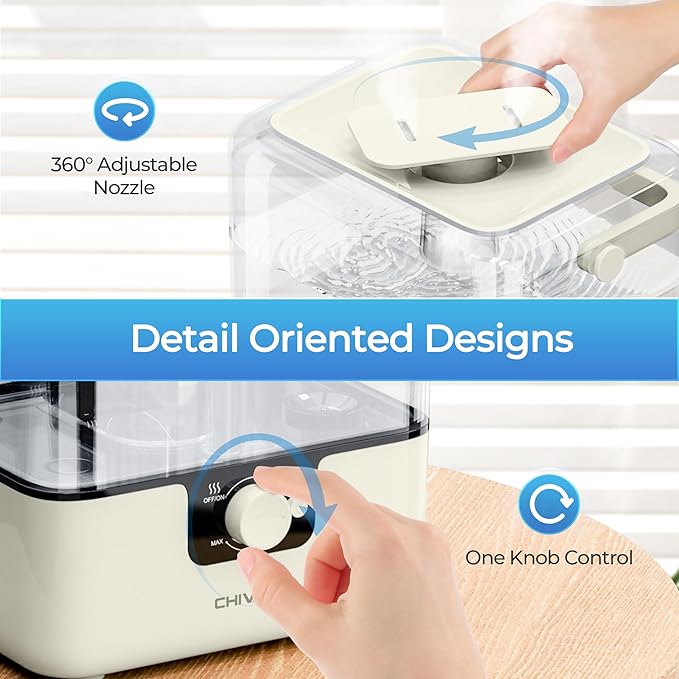 CHIVALZ Humidifiers for Bedroom Large Room Home, 6L Cool Mist Humidifier for Baby and Plant, Oil Diffuser, Top Fill Humidifier with Night Light, Quiet 23dB, Up to 26H, CreamyYellow 1Pack