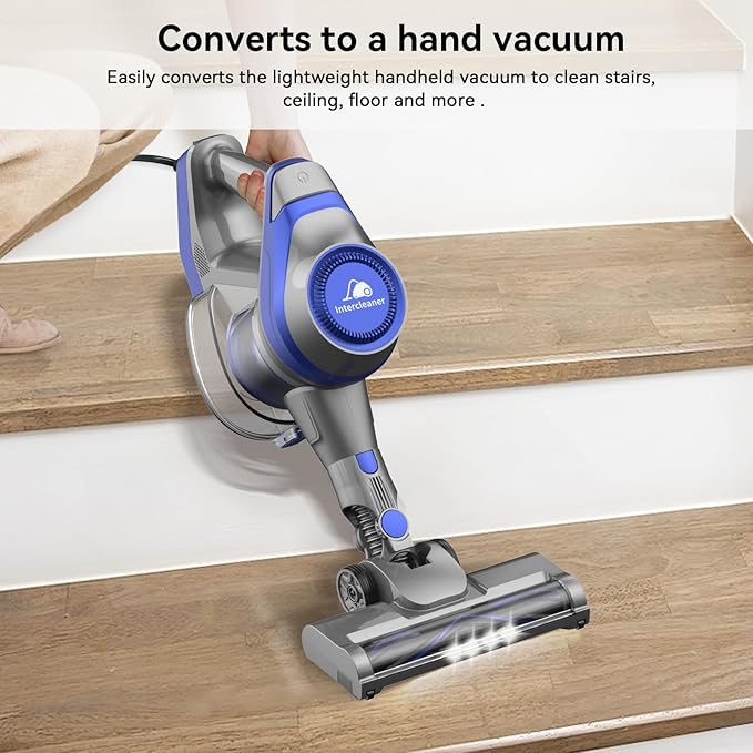 Intercleaner 23Ft Corded Vacuum Cleaner, with LED Headlights & Large Dust Cup, Powerful Suction for Hard Floors & Carpets, Adjustable Stick, Perfect for Pet Hair, Wall Mount Storage