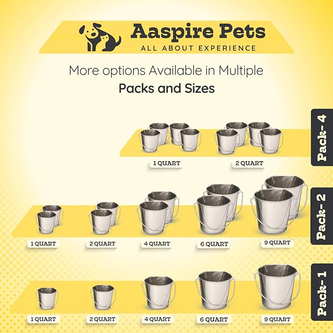 6 Quart Stainless Steel Flat Side Bucket | Durable Heavy Duty Food & Water Feeding Pails for Dog Cat Goat Sheep | Fits kennels Cages Critter Crates Hanging Pet Pail | Multipurpose Buckets