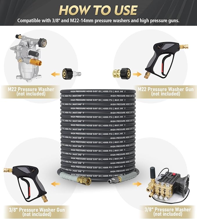 3/8" 4800PSI Pressure Washer Hose 200FT with 360° Swivel Quick Connect, Flexible & Kink Resistant Steel Wire Braided & Durable for Hot/Cold Water, High Power Washer Hose With M22 14mm Adapter
