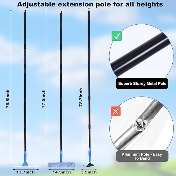 3-in-1 Professional Window Squeegee Kit with 2 Squeegee, 2 Microfiber Scrubber, 1 Razor Scraper, Thick Iron, 77.5" Window Squeegee with Extension Pole for Car, Glass, Mirror, Wall, Bathroom, Home, Van