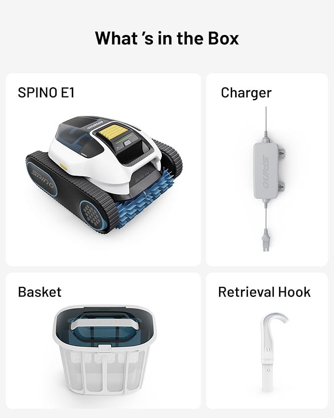 Spino E1 Cordless Robotic Pool Cleaner, 5800 GPH Suction with Triple Brushless Motors, Smart Arc Path, 5 Modes, IPX8 Waterproof, 1600 sq.ft Coverage, Auto Waterline Parking, APP Control