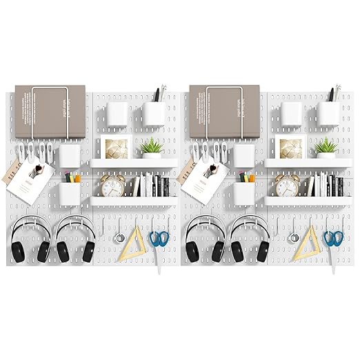 Peg Board Combination Kit, 8 Pegboards with 40 Accessories, Pegboard Wall Organizer for Office, Nursery & Home Storage, Key Holder, 51.2"x25.6" – Nail-Free Installation(White)