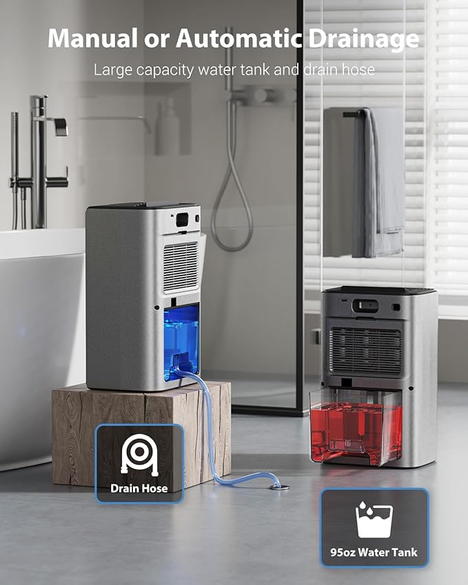 95oz Dehumidifiers for Home, 1000 Sq.Ft Dehumidifier with drain hose - Auto Shut Off, Timer, Sleep Mode & Drain Hose - 7 Color Light for Bedroom, Bathroom, RV - Grey