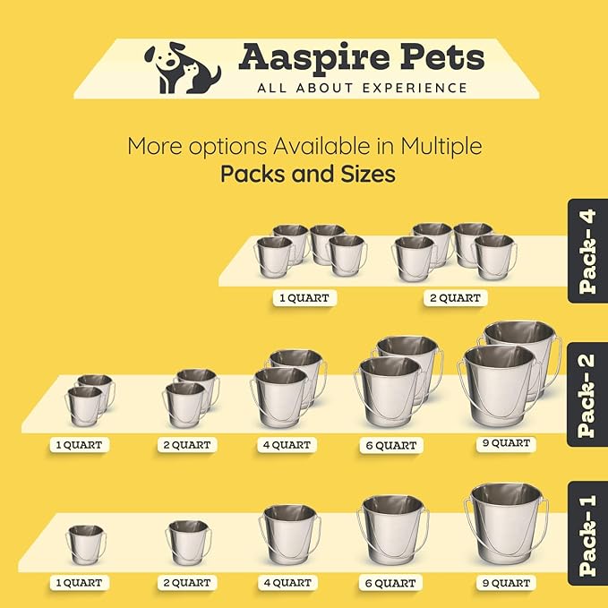 2 quart Heavy Duty Stainless Steel Round Bucket with Handle 4Pcs | 0.5gal Sturdy Food & Water Bowl for Small Birds Dog Cat & Livestock | Fits kennel Crate Cage Farm | Hanging Utility Pail